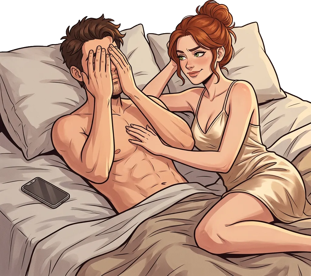 Theo hiding his face in bed while Lena raises an eyebrow