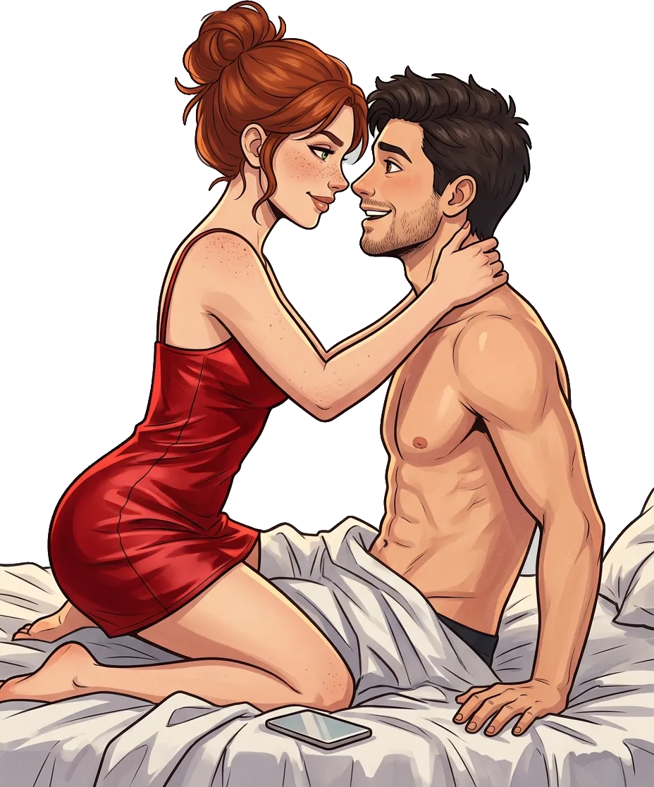 Lena in a red slip pulling Theo close in bed