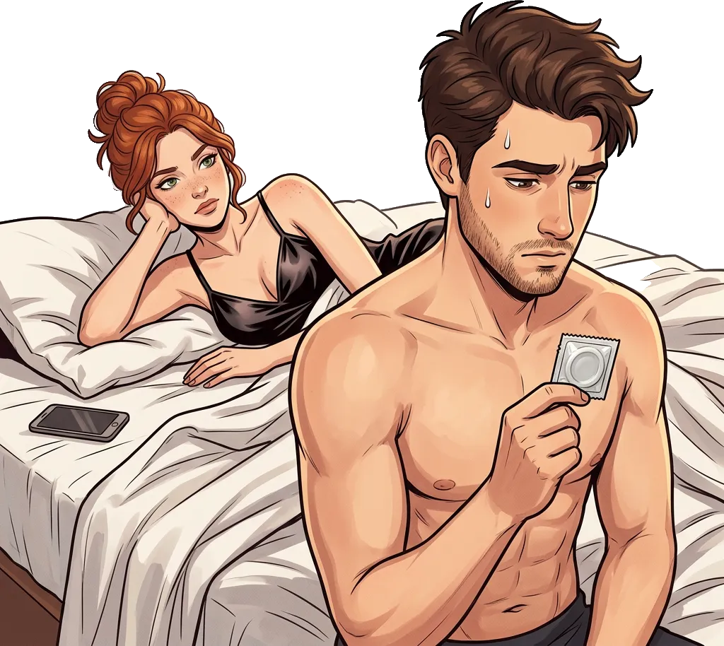 Theo on the edge of the bed holding a condom, stressed